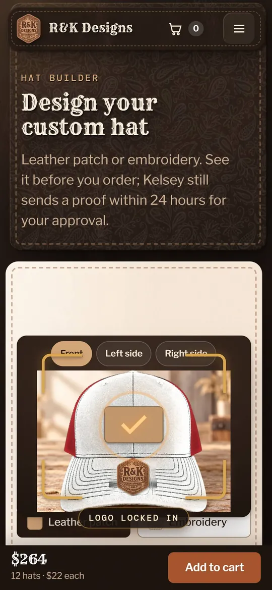 The Hat Builder on a phone: a white and red Richardson 112 with a leather patch marked “Logo locked in”, and a bottom bar reading $264, 12 hats at $22 each, with an Add to cart button