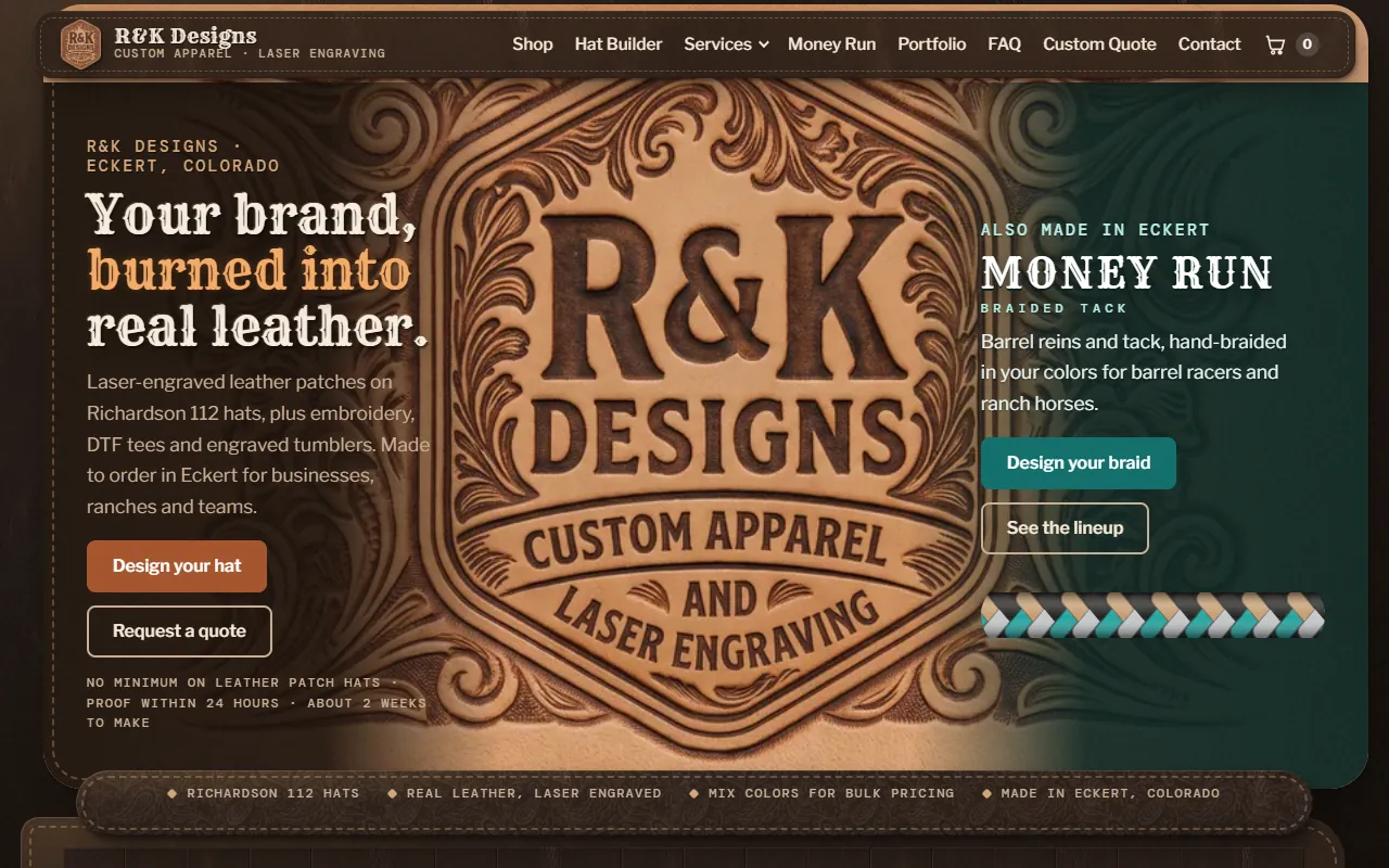 The R&K Designs home page on a desktop: a carved tooled-leather R&K Designs banner behind the headline “Your brand, burned into real leather,” with Money Run braided tack on the right