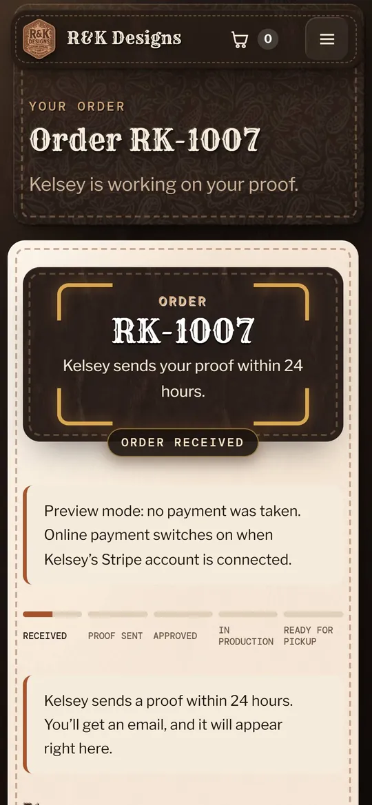 An order page on a phone for order RK-1007: an Order received badge, a preview-mode note that no payment was taken, and a five-step status tracker