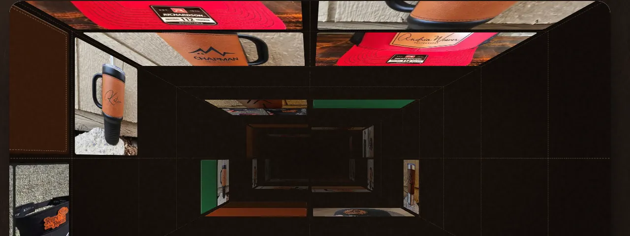 The portfolio’s 3D gallery tunnel, its walls lined with photos of R&K leather patch hats and engraved tumblers