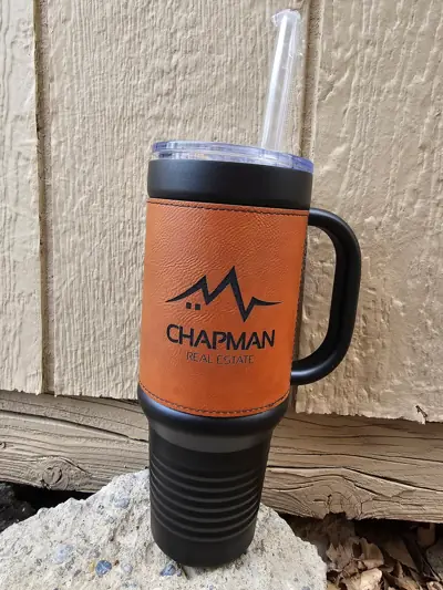 40 oz leatherette tumbler engraved with the Chapman logo
